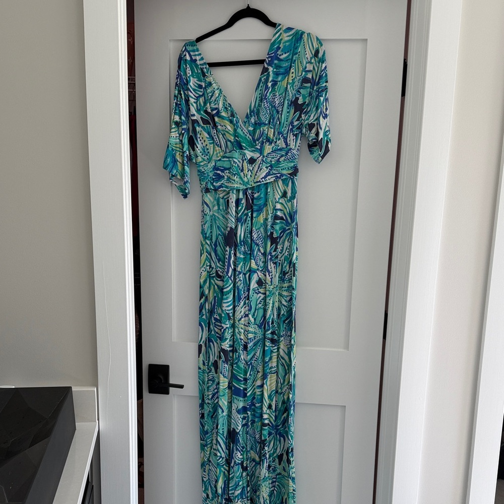 Lilly V-Neck Tropical Print Maxi Dress - Teal & Navy
